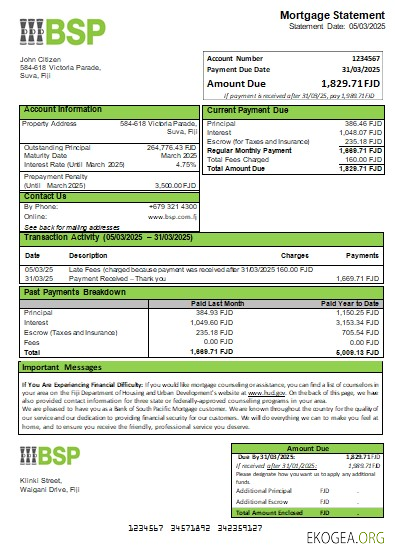 Relevé hypothécaire de la Banque Fidji du Pacifique Sud scr